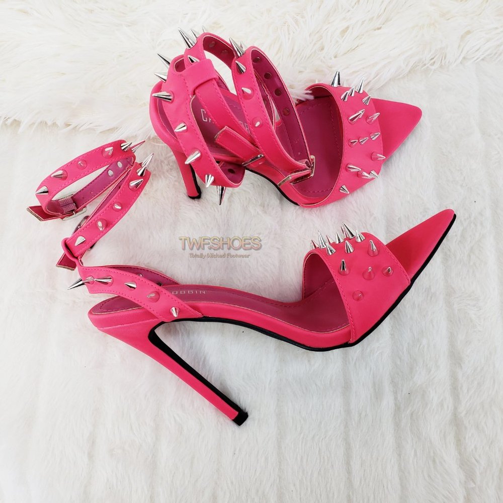 Hot Pink Spike Stud Double Strap High Heel Shoes - Picture 2 of 16
